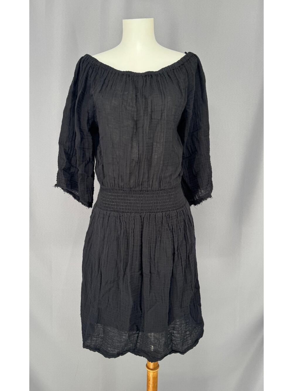 Michael Stars Dress Womens Small Black Off Shoulder Smocked Gauze Boho Sundress